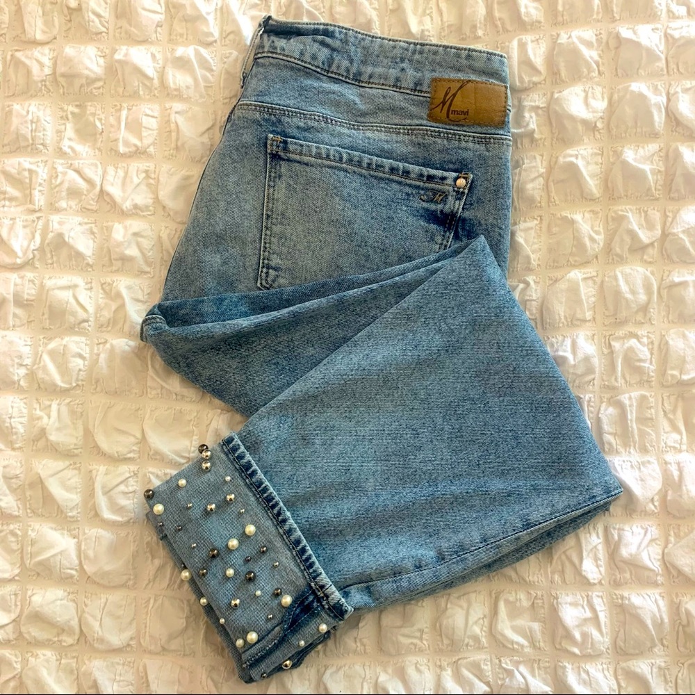 Mavi pearl cuff embellished cropped boyfriend jeans size 30/27